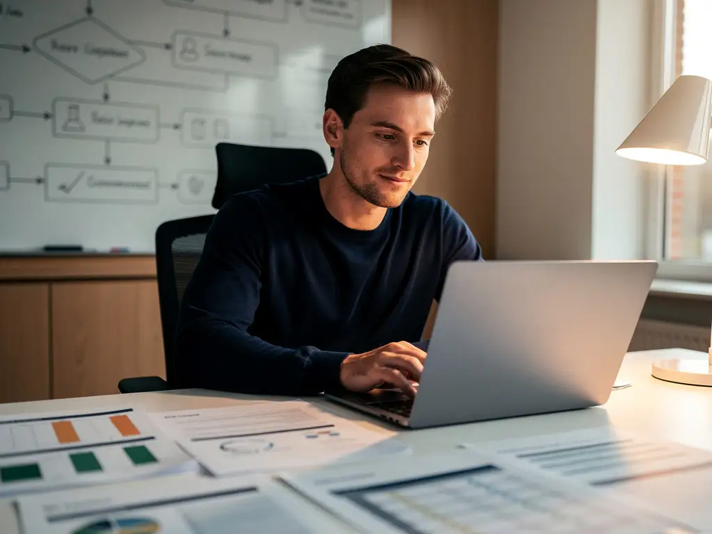 Testmanager bekijkt AI-gegenereerde kwaliteitsrapporten op laptop, omgeven door testdocumentatie en whiteboard met flowcharts in modern techkantoor.