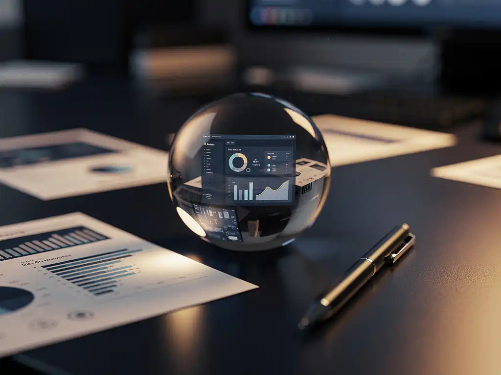 Gloeiende kristallen bol op donker bureau met miniatuur softwaredashboard, omringd door testrapporten en een stylus, amber en marineblauw licht.