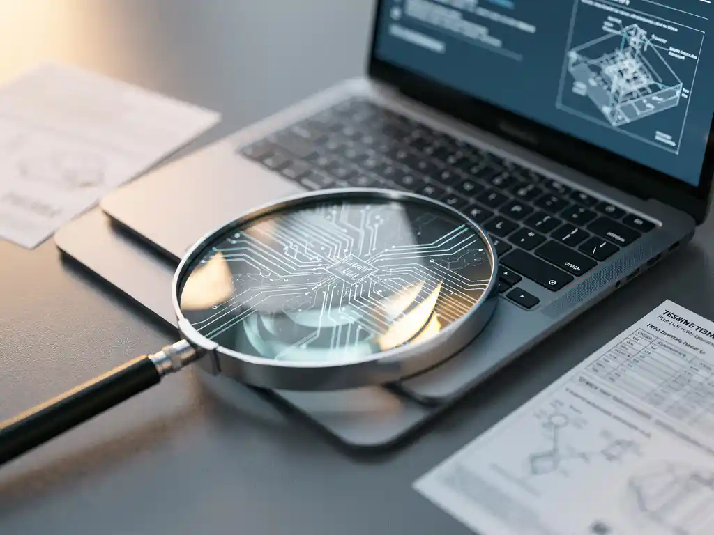Vergrootglas op laptoptoetsenbord met circuitpatronen op scherm, testdocumentatie op grijs bureau, warme zijdelingse belichting.