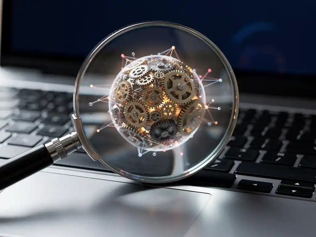 Vergrootglas op laptoptoetsenbord met gloeiend neuraal netwerk en tandwielen zichtbaar onder de lens.