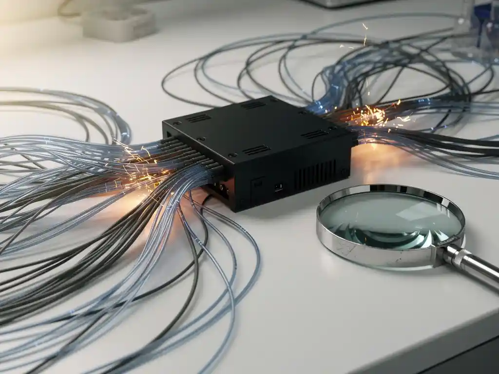 Verstrengelde glasvezeldraden met onverwachte vonken en lichtpulsen, aangesloten op een zwarte doos op een wit laboratoriumbureau met een vergrootglas ernaast.