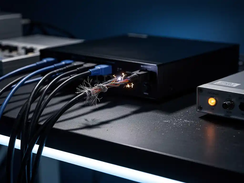 Verstrengelde glasvezelkabels aangesloten op zwarte server, één kabel beschadigd met oranje waarschuwingsgloed op donker bureau.