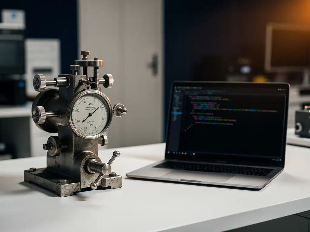 Vintage mechanische testmeter naast moderne laptop met testscripts op wit bureau, symboliseert evolutie van softwaretesten.