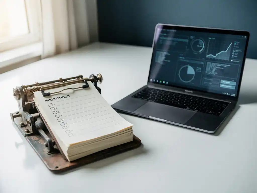 Vintage klembord met checklist naast moderne laptop in een softwaretestomgeving, verlicht door zacht natuurlijk raamlicht.