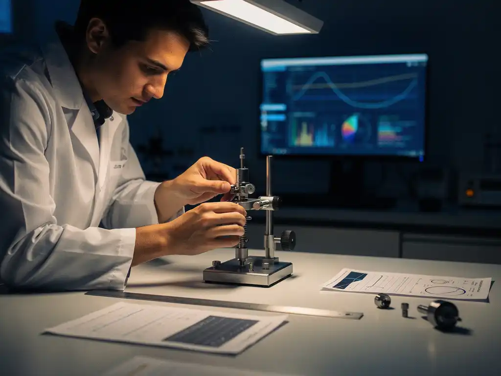 Wetenschapper kalibreert precisie-meetinstrument op laboratoriumbank met datacharts, monitor met nauwkeurigheidsgrafieken op achtergrond.