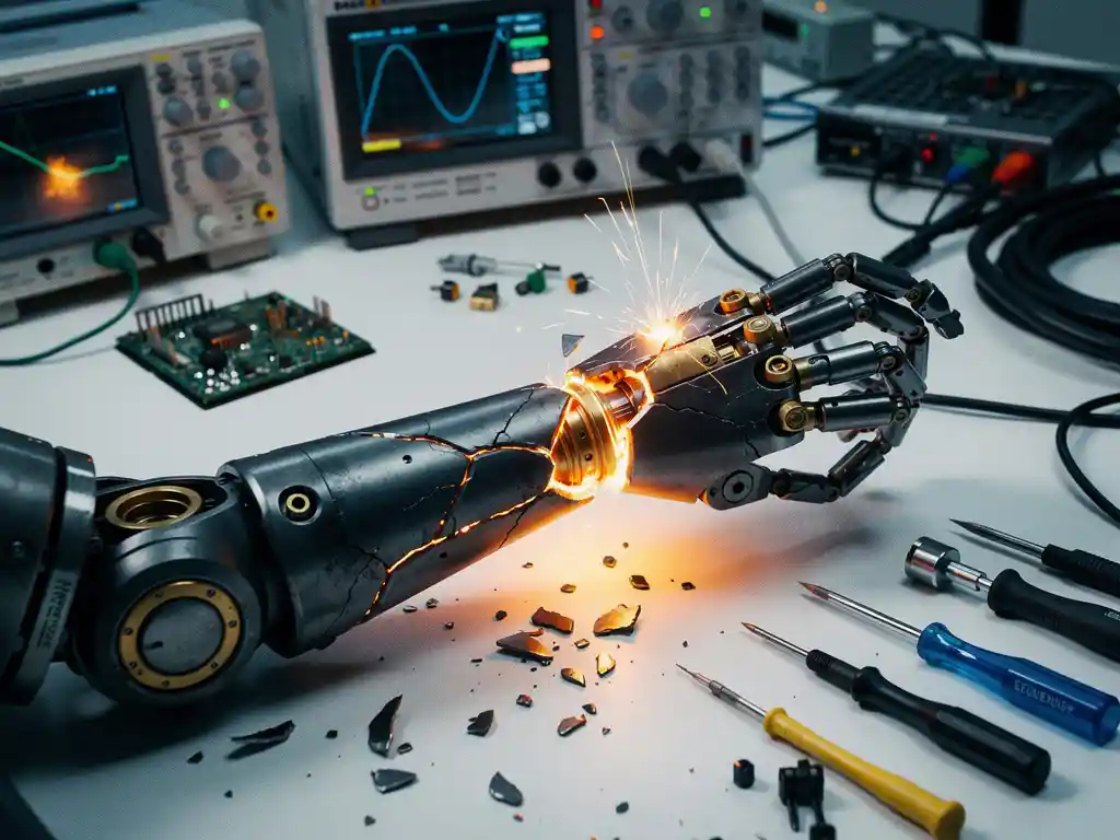 Zelfherstellende robotarm last zichzelf samen op laboratoriumwerkbank, metaalfragmenten herlijnen met vonken in warm amberkleurig licht.