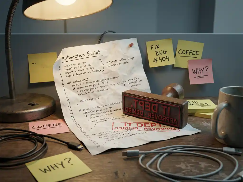 Zelfgemaakt automatiseringsscript op papier, platgedrukt door een officieel IT-stempel met rode inkt, omringd door sticky notes en verwarde kabels.