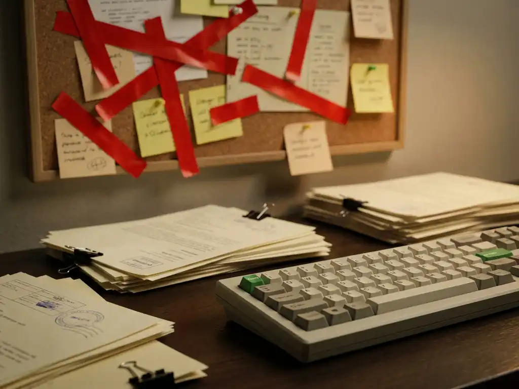 Verward rood tape en plakbriefjes op een prikbord boven een bureau vol goedkeuringspapieren, met één ongebruikte groene deployknop op een mechanisch toetsenbord.