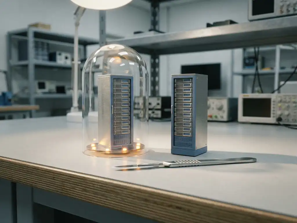 Chirurgisch scalpel naast twee serverrack-modellen op laboratoriumwerkbank, één rack geïsoleerd onder glazen stolp, stalen blauwe en amberkleurige tinten.