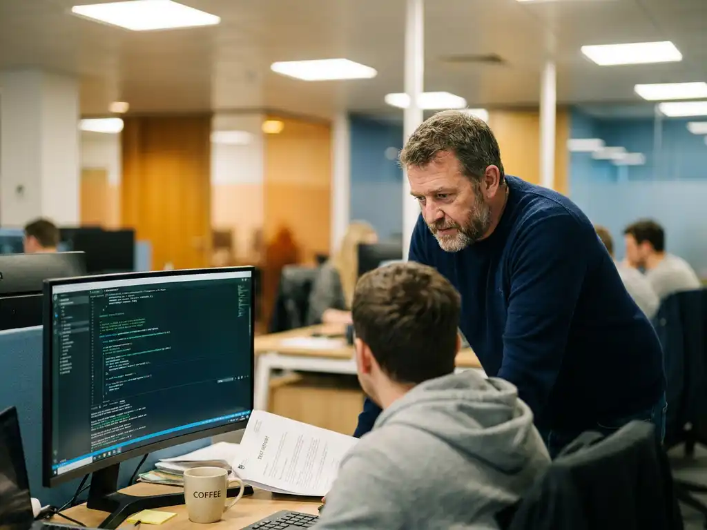 Manager buigt over de schouder van een ontwikkelaar die code bekijkt op een monitor, met een testraport op het bureau in een modern kantoor.