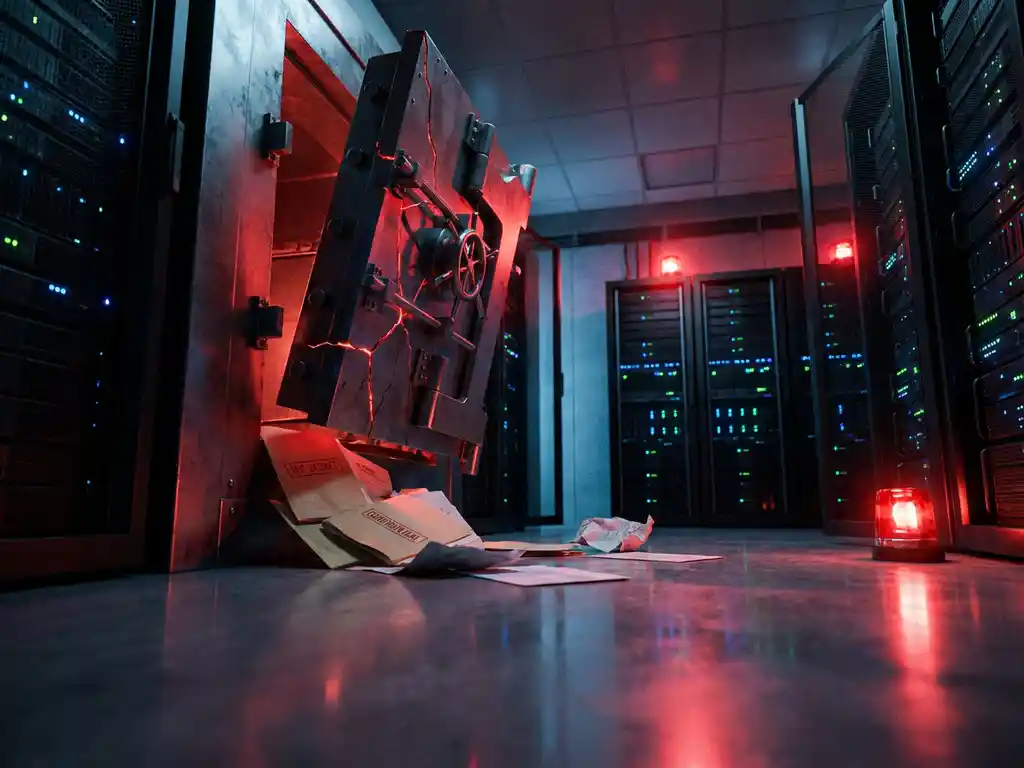 Opengebarsten digitale kluisdeur in serverruimte met uitgestrooide documenten onder rood alarmlicht.