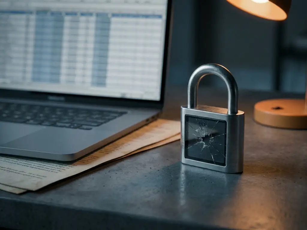 Gebarsten digitaal privacyslot op bureau naast laptop met persoonlijke gegevens, symboliseert datalek en privacyschending.