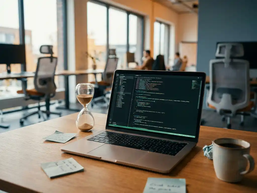 Zandloper naast laptop met geautomatiseerde testscripts op ontwikkelaarsbureau, omringd door sticky notes en koffiekopje, kantoromgeving op achtergrond.
