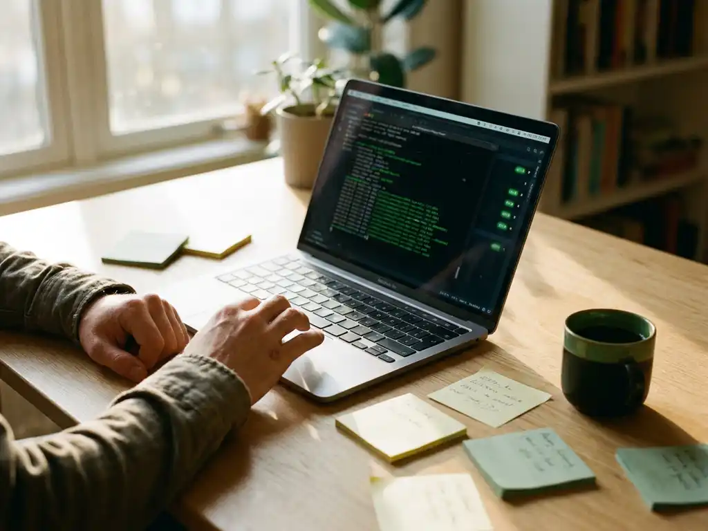 Ontwikkelaarshanden naast laptop met geautomatiseerde testscripts in terminal, groene statuslichten, sticky notes en koffie op modern bureau.