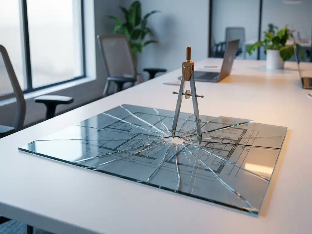 Gebarsten blauwdruk van een kantoorplattegrond op wit bureau, vastgehouden door een passer, met leisteen blauwe en amberkleurige tinten.