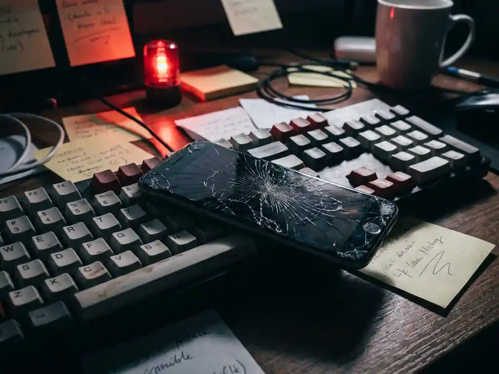 Gebarsten smartphonescherm met spinnenweb van scheuren op ontwikkelaarstoetsenbord, rood waarschuwingslicht en plakbriefjes op de achtergrond.