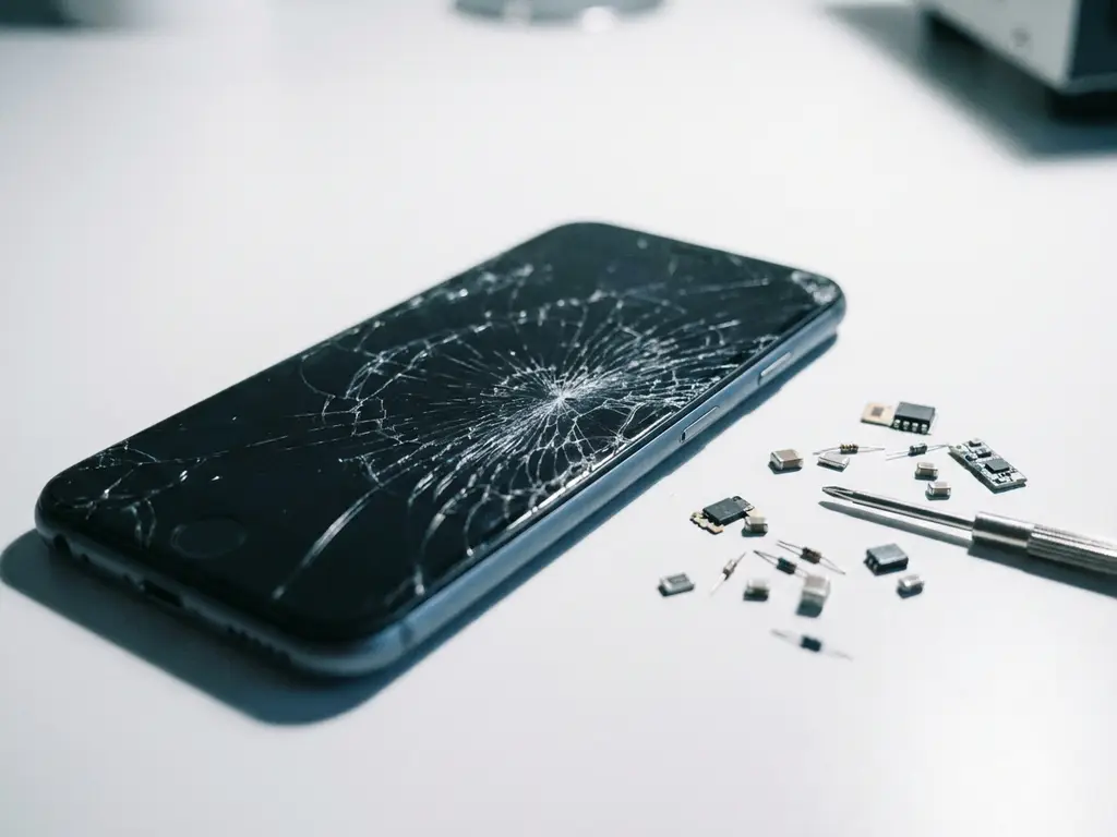 Gebarsten smartphonescherm met spinnenwebpatroon op wit bureau, omringd door schroevendraaier en losse circuitcomponenten.