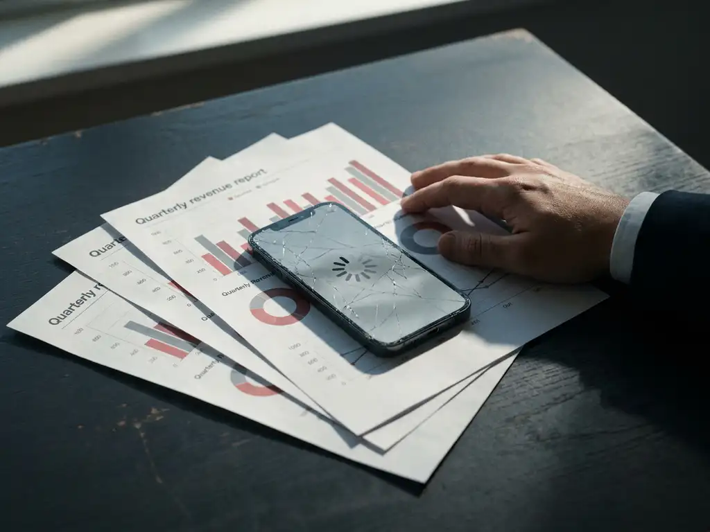 Gebarsten smartphonescherm met bevroren laadanimatie op bureau, kwartaalrapporten eronder, gespannen hand van een executive zichtbaar.