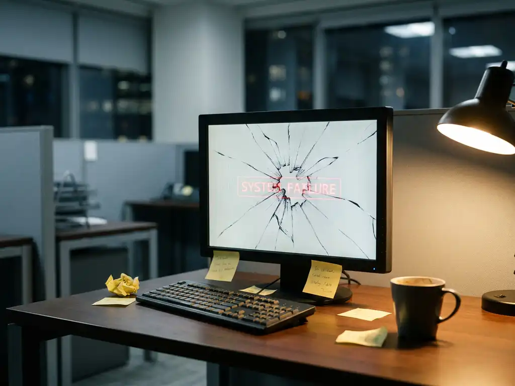 Gebarsten computerscherm op kantoorbureau met rood foutmelding, omringd door sticky notes en koffiekopje bij dramatisch zijlicht.
