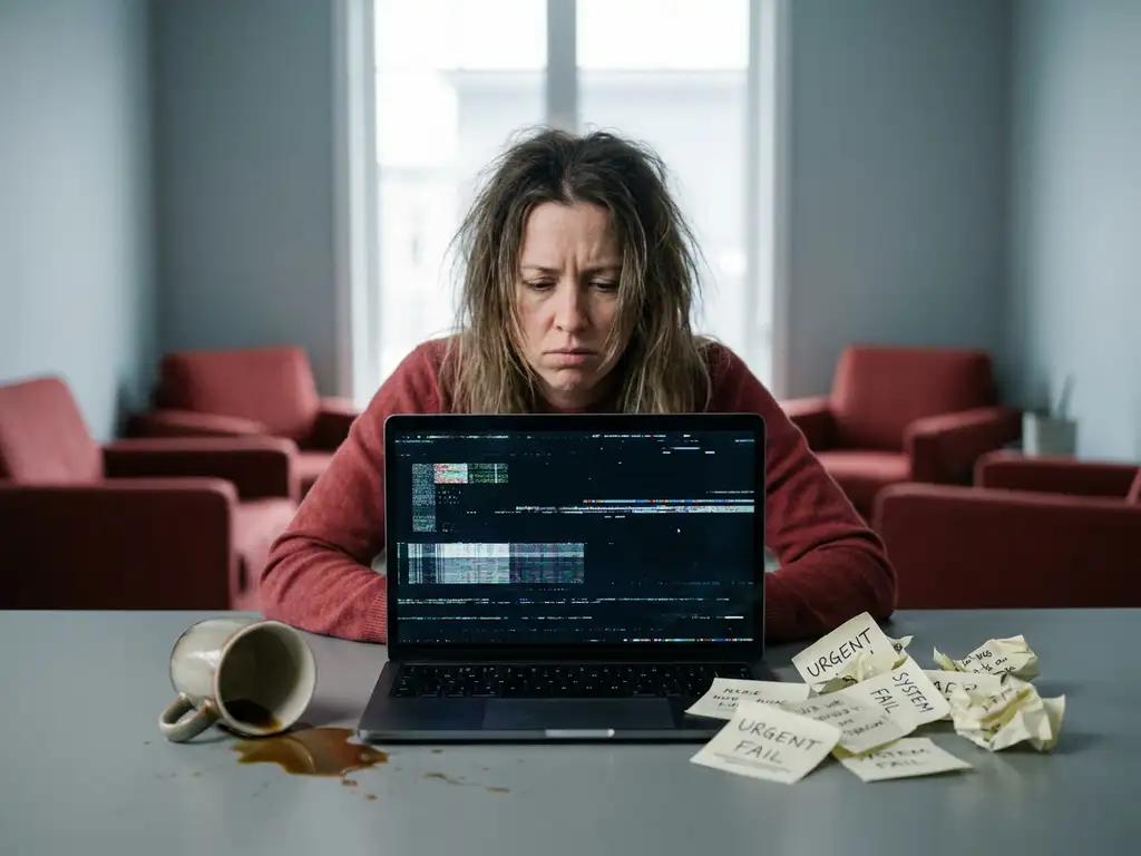 Gefrustreerde klant voor bevroren laptopscherm, omgevallen koffiekop en verspreide notities op modern bureau.