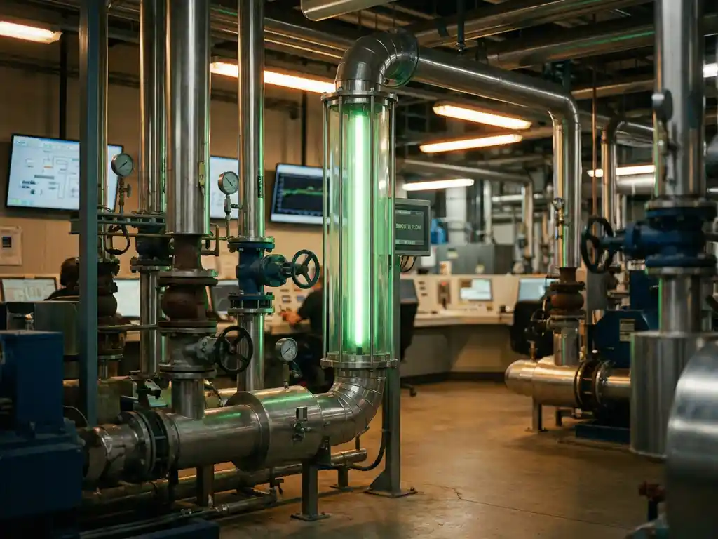 Industrieel leidingnetwerk met kleppen in controlekamer, centrale leiding verlicht met groen licht als teken van optimale doorstroom.