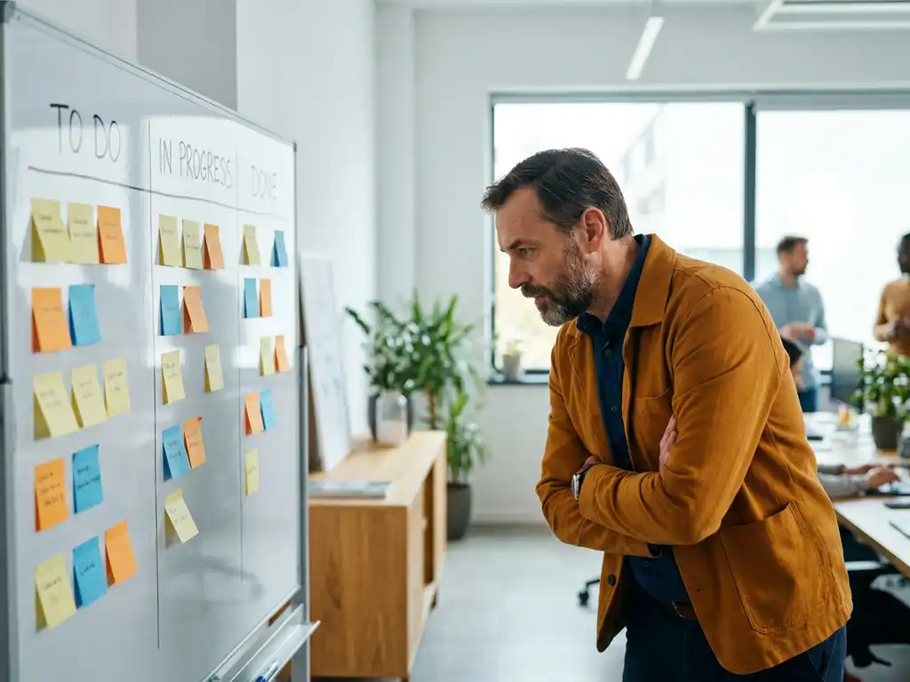 IT-professional bestudeert whiteboard met sticky notes en sprintplanning in modern kantoor met natuurlijk raamlicht.