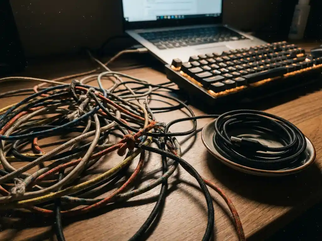 Verward kluwen rafelige kabels en geknoopte draden op een bureau, met één netjes opgerold snoer apart als contrast.
