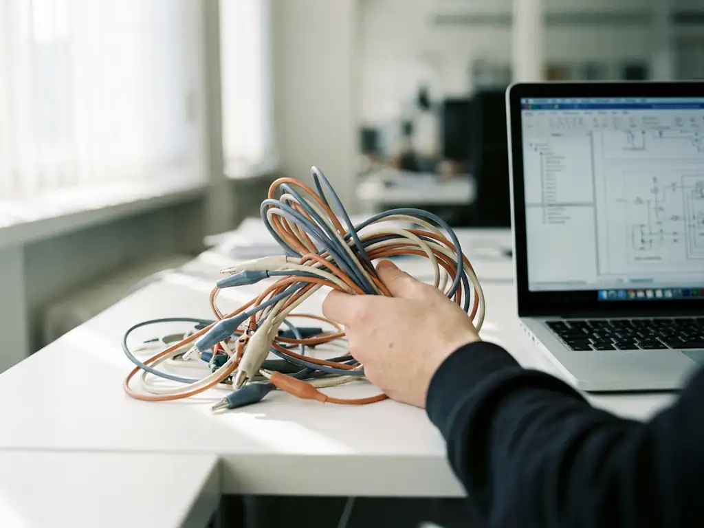 Ingenieur ordent kleurrijke testkabels tot een nette bundel op wit bureau, laptop op achtergrond, natuurlijk zijlicht.
