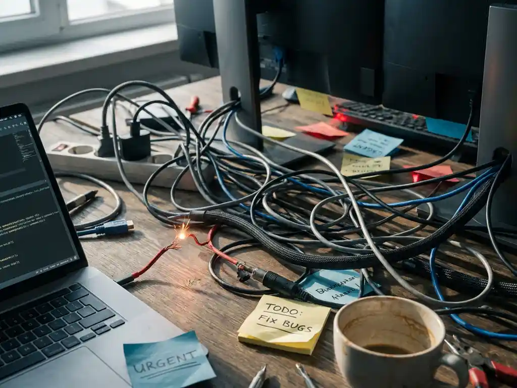 Verward kluwen elektrische kabels op een bureau met vonkende draad, laptop, sticky notes en koffiekopje in dramatisch zijlicht.