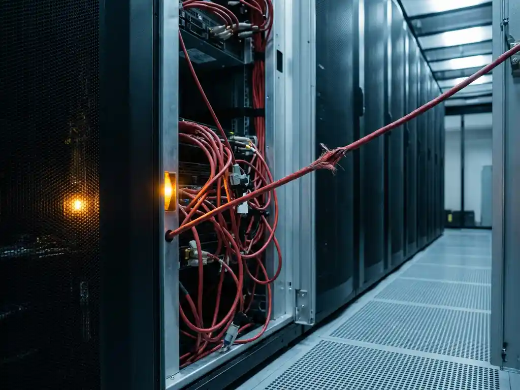 Verwarde rode kabels en connectors die van een serverrack vallen in een datacenter, met een zichtbaar gespannen kabel en amberkleurige waarschuwingsgloed.