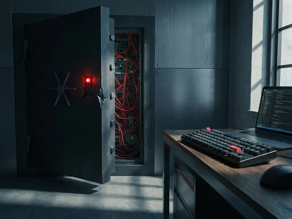 Gekraakte kluisdeur op een kier met verwarde rode draden en circuitcomponenten, naast een mechanisch toetsenbord en laptop.