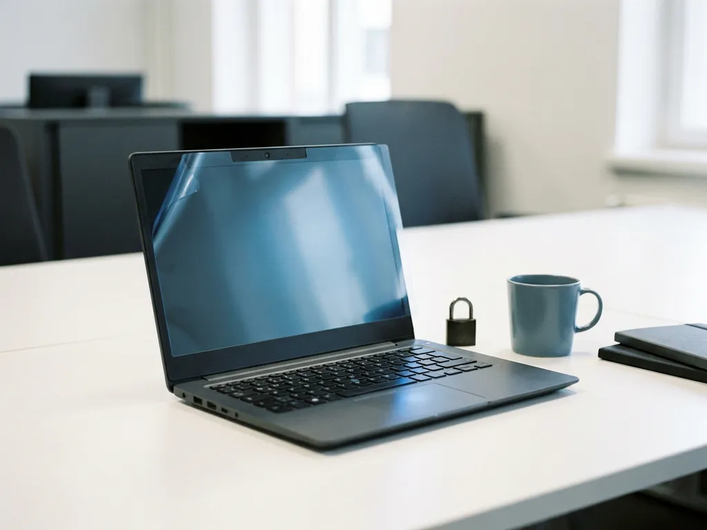 Laptop op wit bureau met privacyschermfilter en klein hangslot, symboliseert digitale privacy en gegevensbeveiliging.