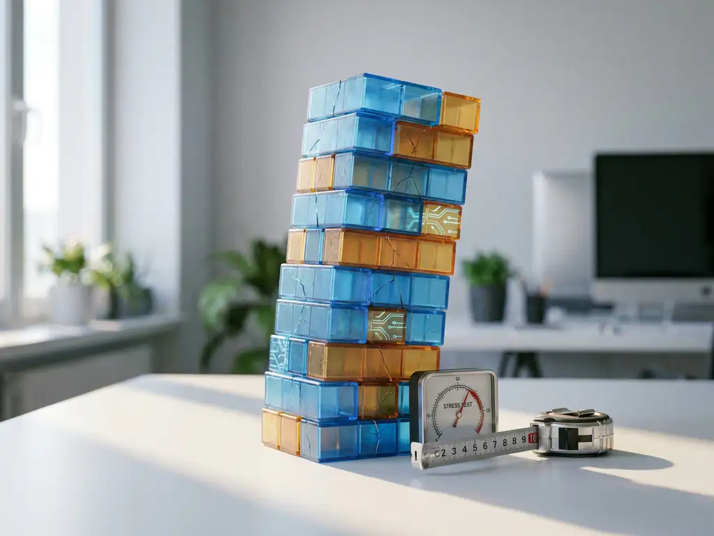 Modulaire blokken gestapeld in een wankele toren op wit bureau, met stressmeter en meetlint, zachte schaduwen in leisteenblauw en amber.