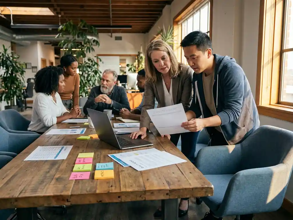 Diverse professionals rond een houten vergadertafel, manager en developer bekijken samen een kwaliteitsrapport met notities in modern kantoor.