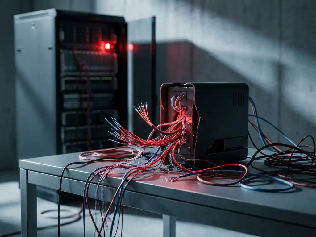 Fraying cable unraveling on a corporate desk, tangled wires reaching an unplugged server rack, red warning light casting dramatic shadows.