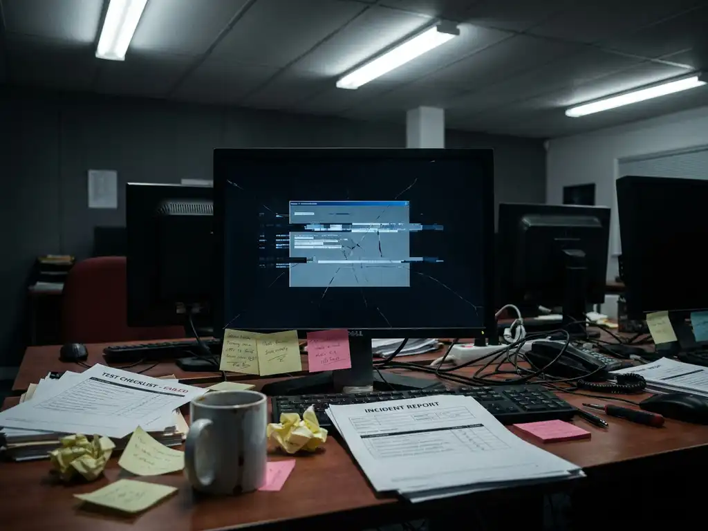 Gebarsten computermonitor met bevroren foutmelding op rommelig bureau van ontwikkelaar, met plakbriefjes, testlijsten en koud kopje koffie.