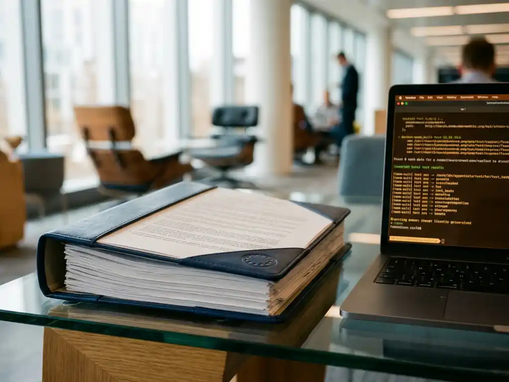 Open nalevingsbinder met EU-regelgevingszegel op glazen bureau naast laptop met softwaretestresultaten, modern kantoor.