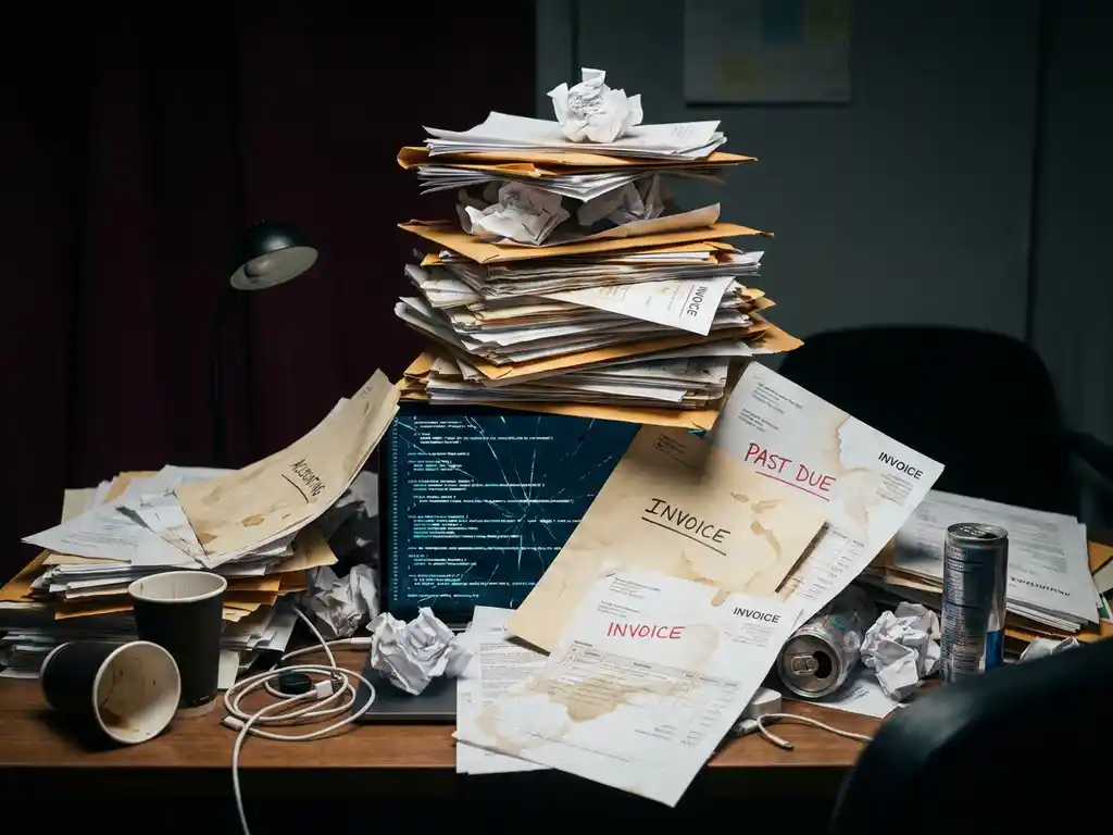 Stapel ongeopende facturen en rekeningen op een rommelig bureau, met een gebarsten laptopscherm dat onafgemaakte code verlicht eronder.