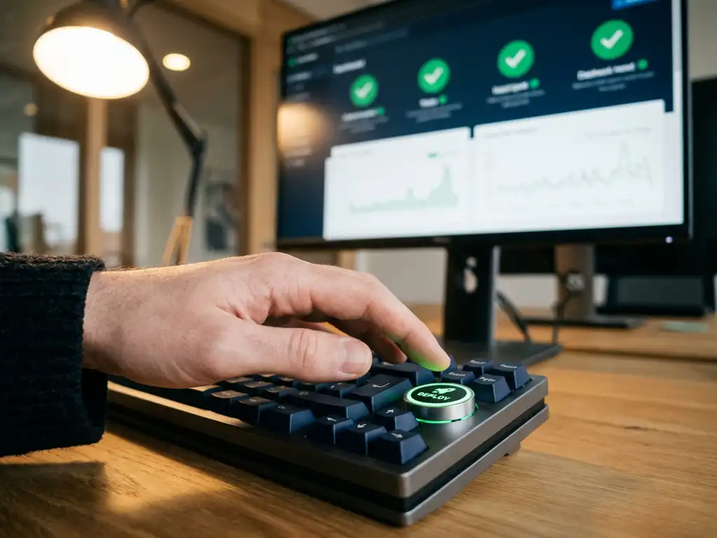 Ontwikkelaar drukt op groene deploy-knop op mechanisch toetsenbord, op achtergrond monitor met geslaagde testresultaten.