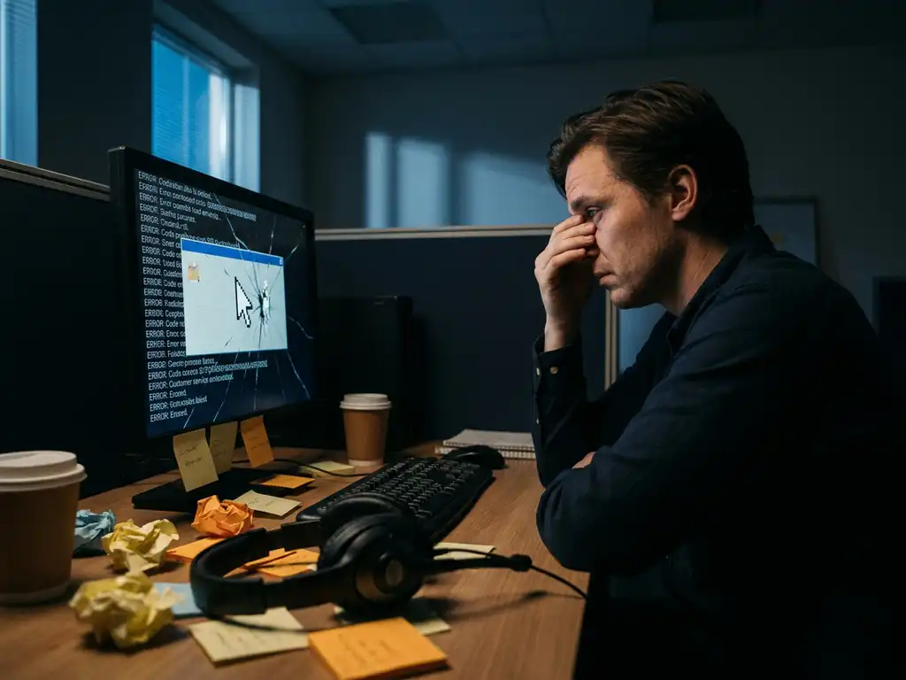 Softwareontwikkelaar staart naar gebarsten monitor met bevroren foutmelding, verlaten headset en sticky notes op bureau in blauw kantoorlicht.