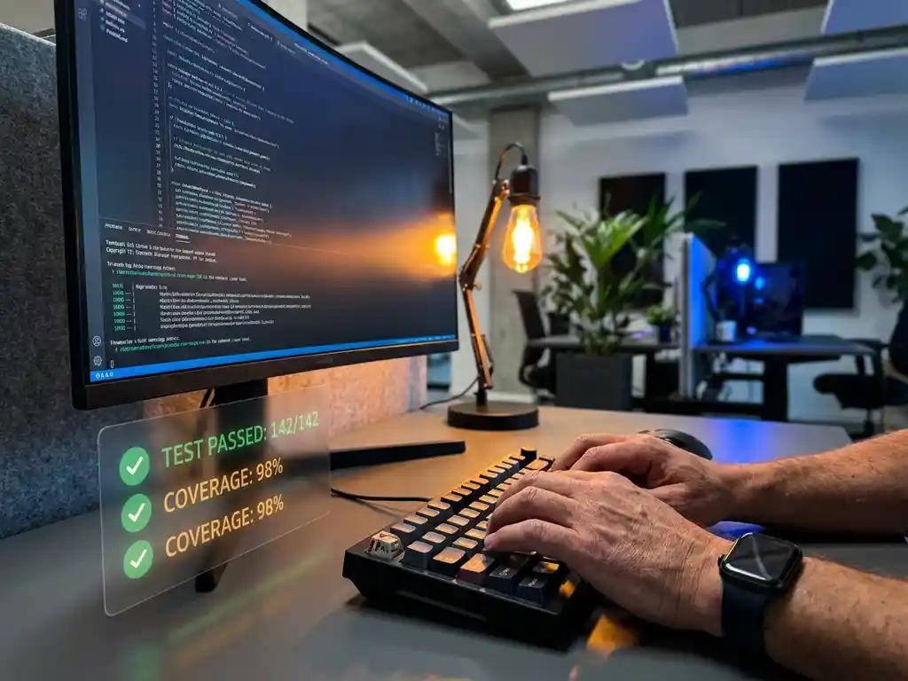 Ontwikkelaar typt op mechanisch toetsenbord met gloeiend scherm met code en testresultaten op de achtergrond.