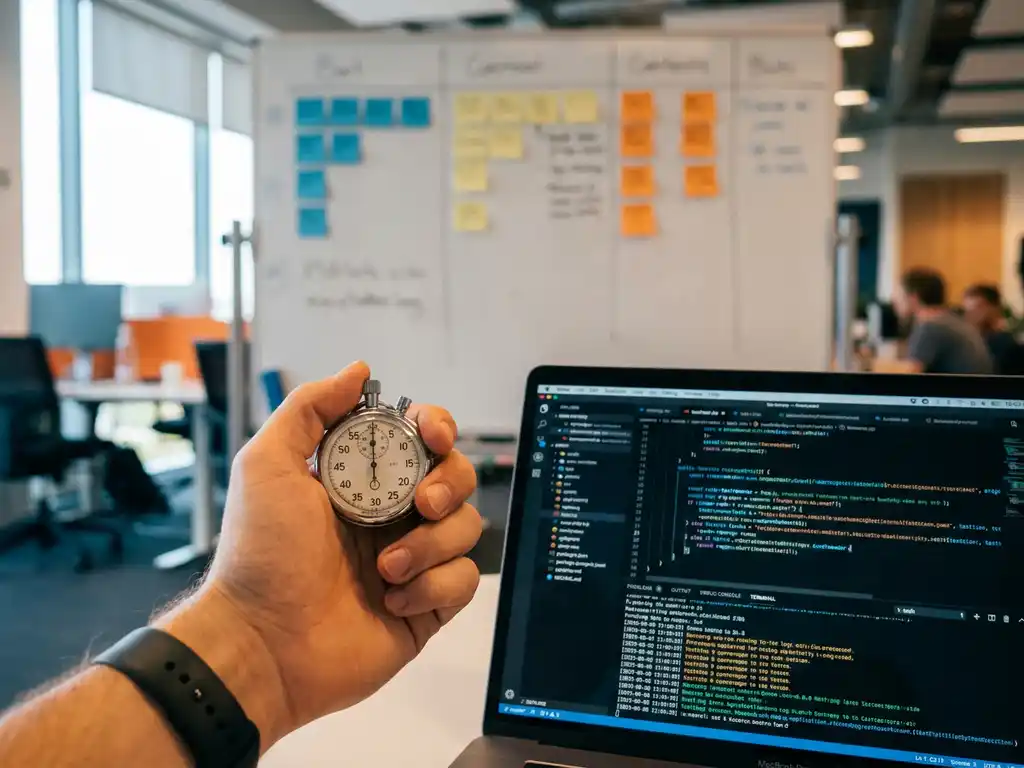 Ontwikkelaar houdt stopwatch vast naast laptop met testlogs, sprint planningsbord met sticky notes op de achtergrond, modern kantoor.