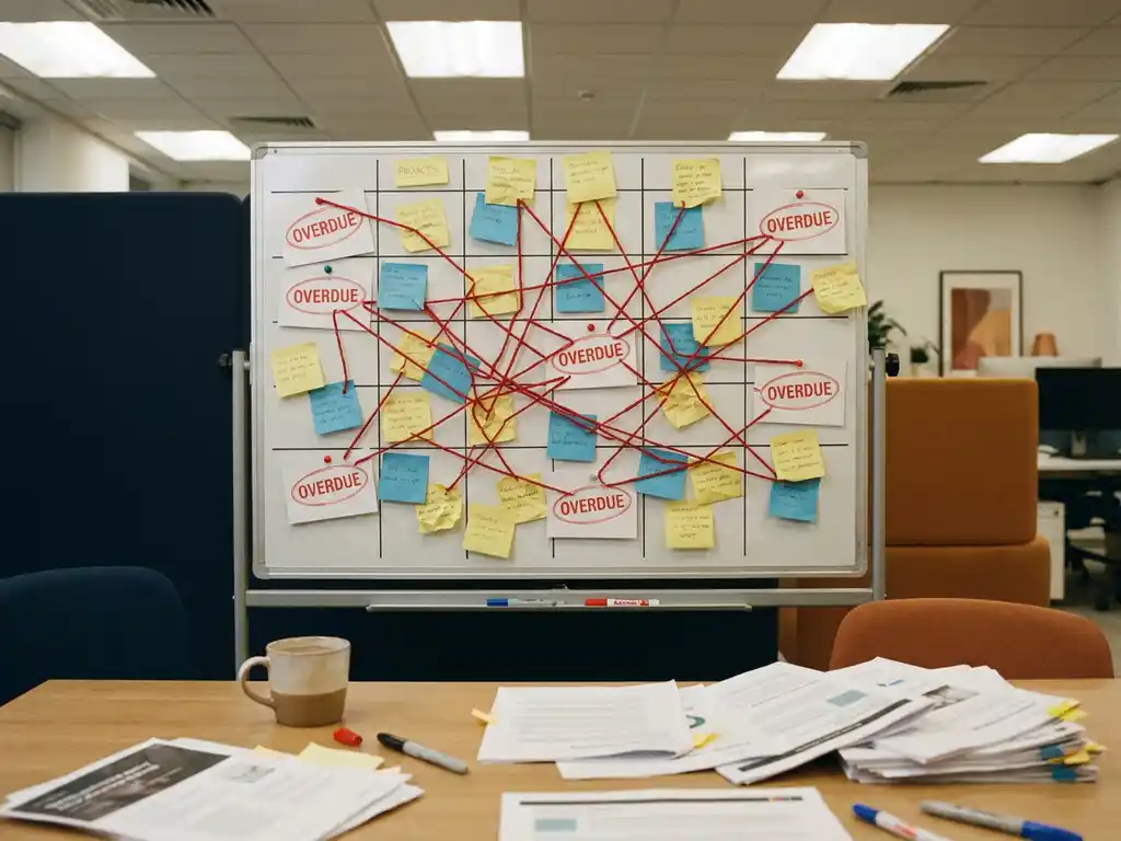 Verward web van rode draad verbindt ongelijnd gerangschikte sticky notes en verlate mijlpaalmarkeringen op een projectplanbord met halfleeg koffiekopje.