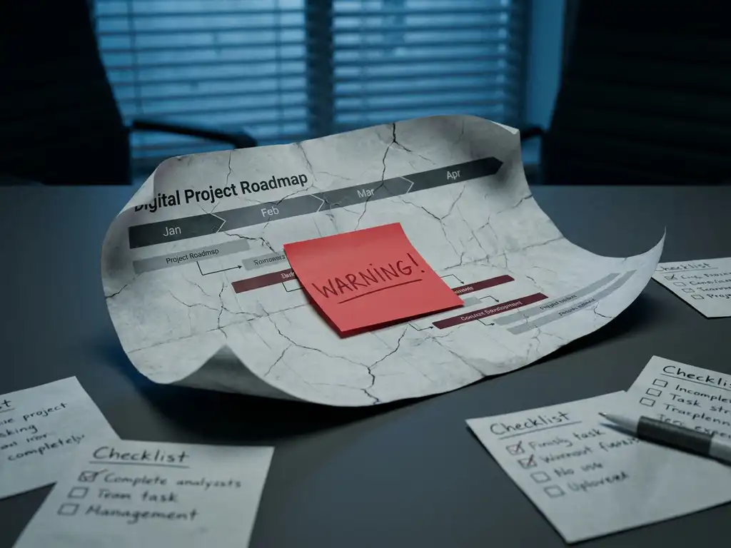 Verkreukeld projectroadmap op modern bureau met rood waarschuwingsbriefje en onafgewerkte checklists in koud kantoorlicht.