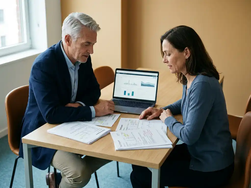Senior ontwikkelaar en consultant bespreken testdocumentatie aan modern bureau met laptop en afgedrukte testrapporten.