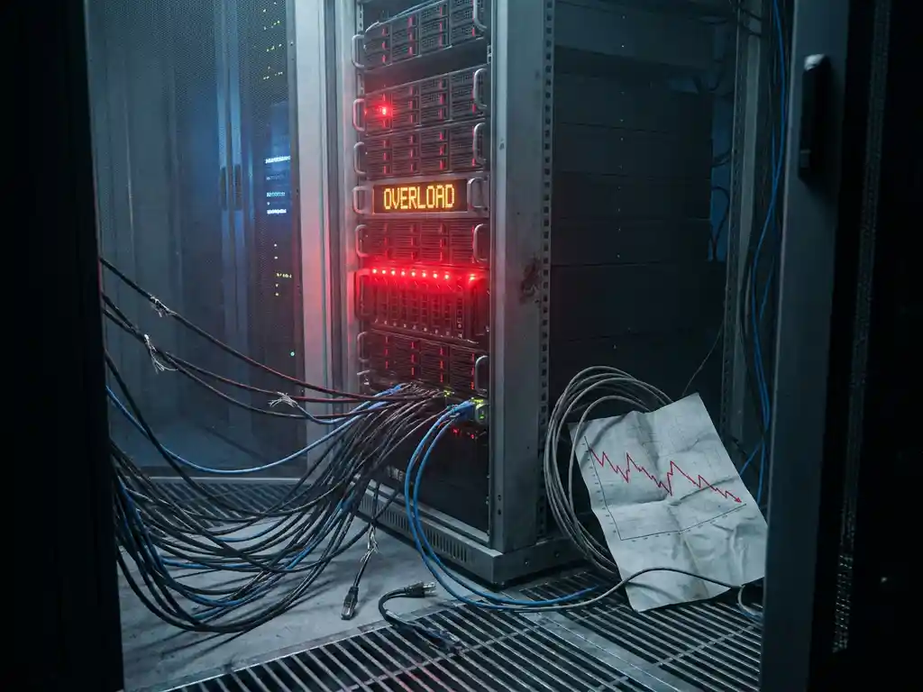 Overbelaste serverrack met rode waarschuwingslichten en verwarde kabels naast verfrommeld verkoopgrafiek tijdens e-commerce piekdrukte.