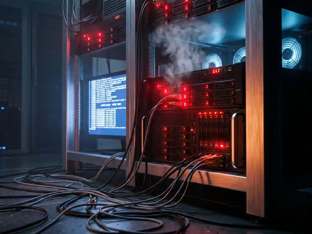 Oververhitte serverrack met rode waarschuwingslichten en bevroren crashscherm in donkere serverruimte.