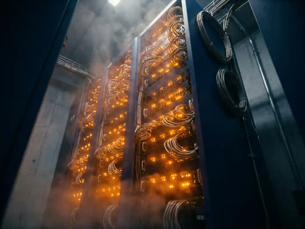 Serverrack in donker datacentergangetje met gloeiende amberkleurige waarschuwingslampjes en hitteschimmering boven de apparatuur.