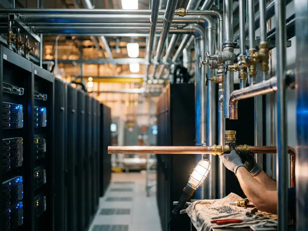 Nieuwe koperen pijp geïntegreerd in bestaand stalen leidingnetwerk in moderne serverruimte, industriële belichting.