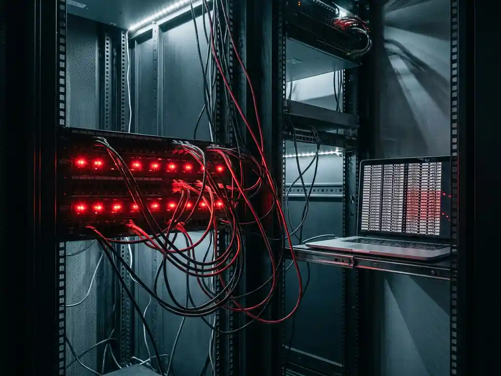 Serverrack met rode waarschuwingslampjes in donker datacenter, laptop toont foutmeldingen, kabels hangen los in dramatisch licht.